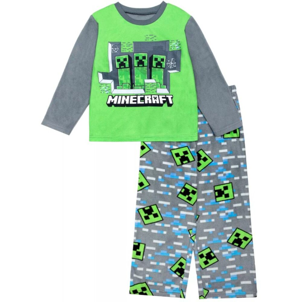 NEW Boys Sz 7 Gray & Green MINECRAFT Soft Fleece Comfy Lounge Pajamas 2 Pc Set